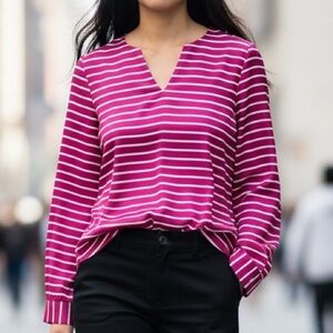 Ann Taylor Tunic Blouse Womens Pink White Stripe Split V-Neck Pullover